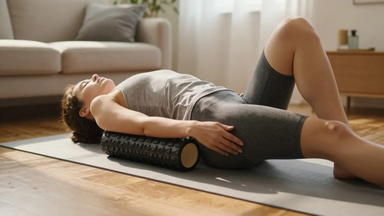 Člověk si pomáhá doma valíkem z pěny a stahováním kyčle pro uvolnění kříže.