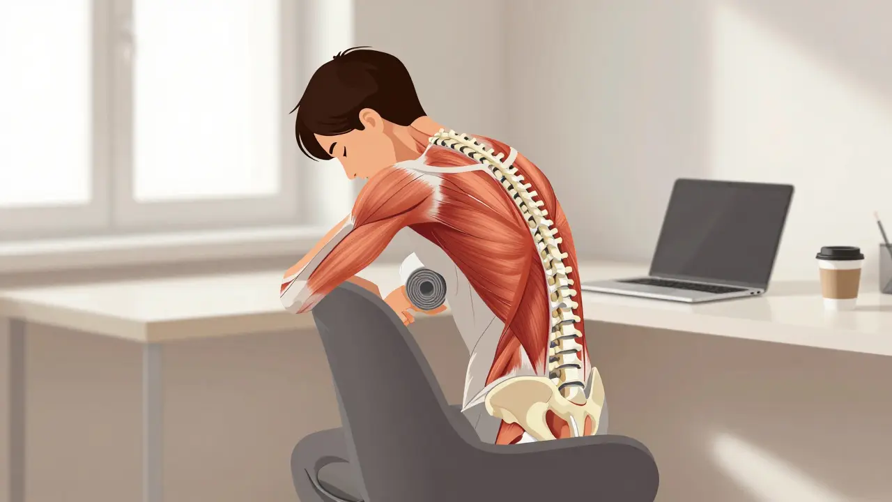 Osoba sedí s špatnou polohou těla, s anatomickým zvýrazněním přetížených svalů a podporou ručníku v pásu.