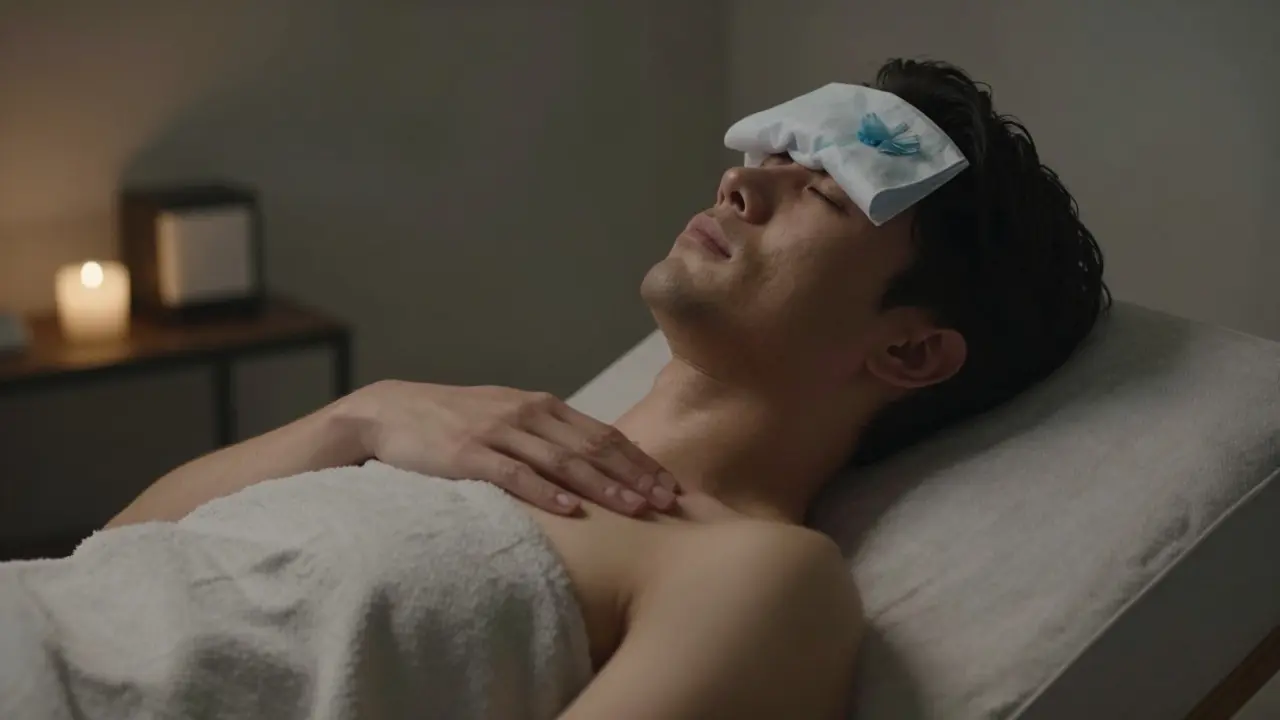 Osoba si odpočívá s chladným hadříkem na čele a masíruje krk.