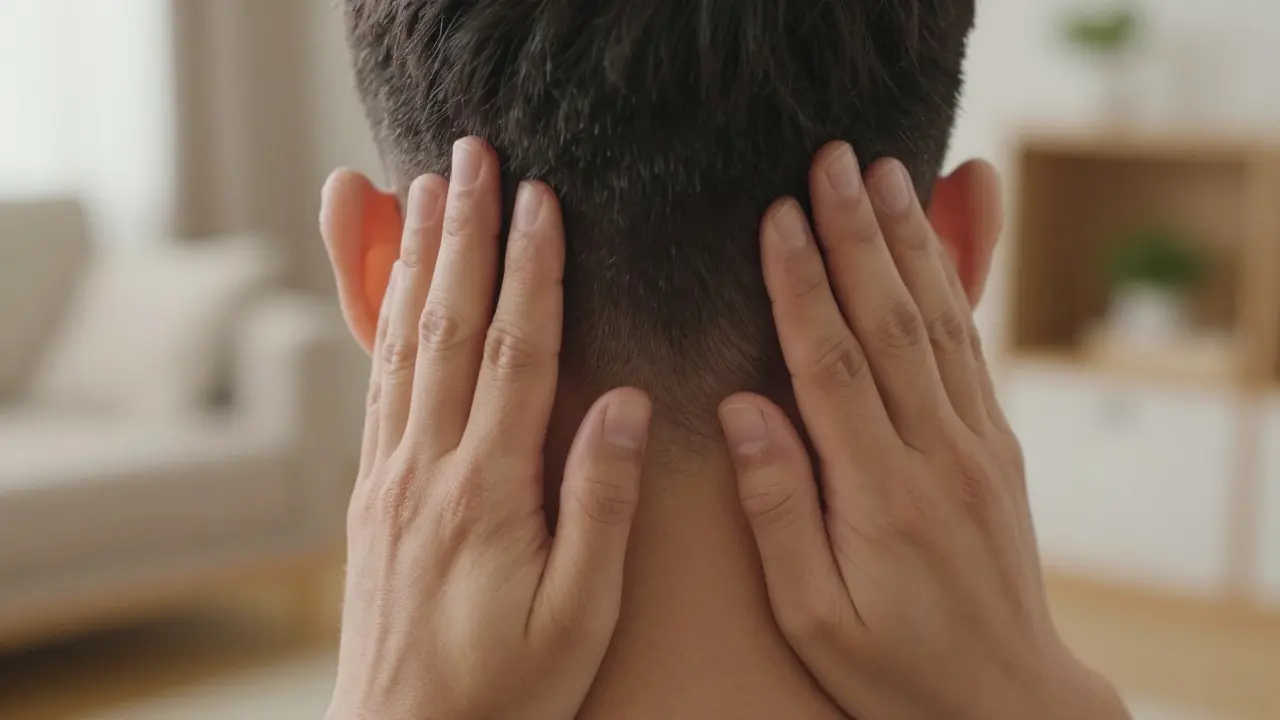 Ruce aplikují tlak na zadní část krku u základu lebky.