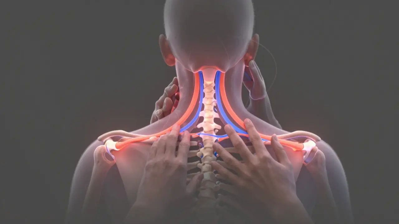 Tři klíčové oblasti ovlivněné antimigrenozní masáží s vize zlepšeného krevního oběhu a uvolnění napětí.