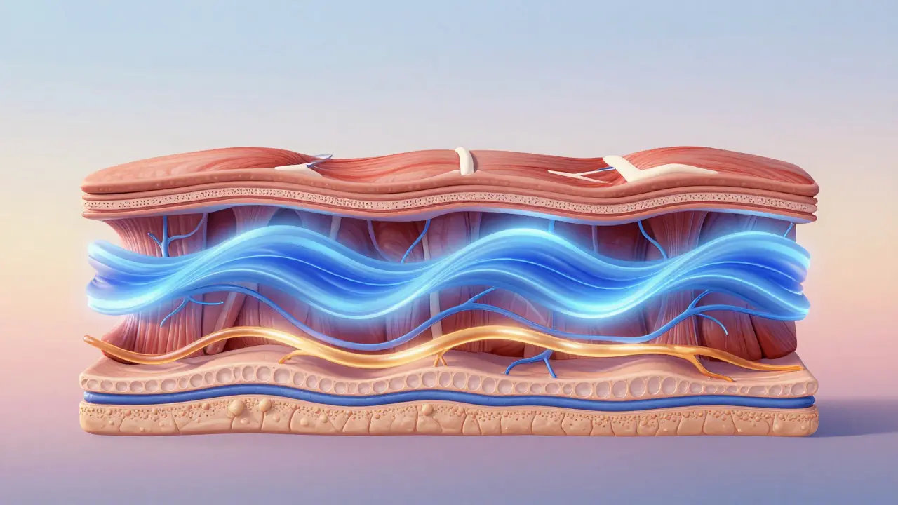 Tři vrstvy lidských tkání s průtokem světla, znázorňující účinky regenerační masáže na svaly, lymfu a nervy.