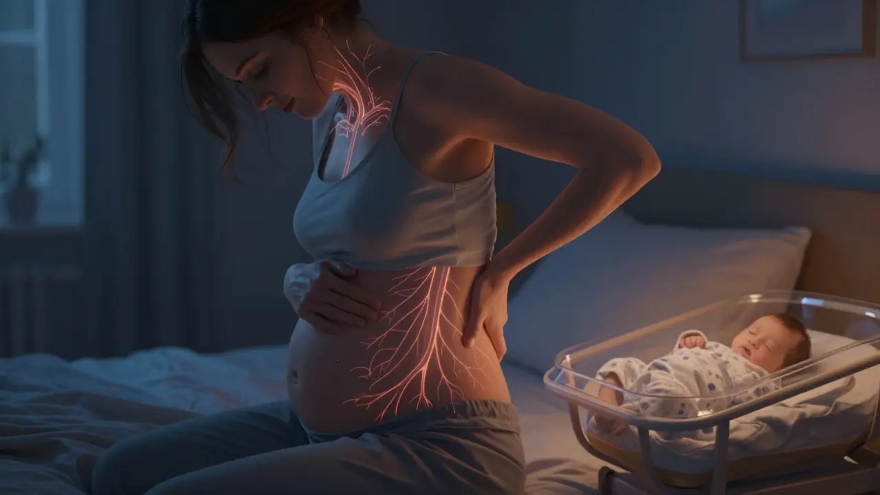 Žena si masíruje břicho a záda v klidné ložnici, zatímco její tělo vyzařuje energii obnovy.