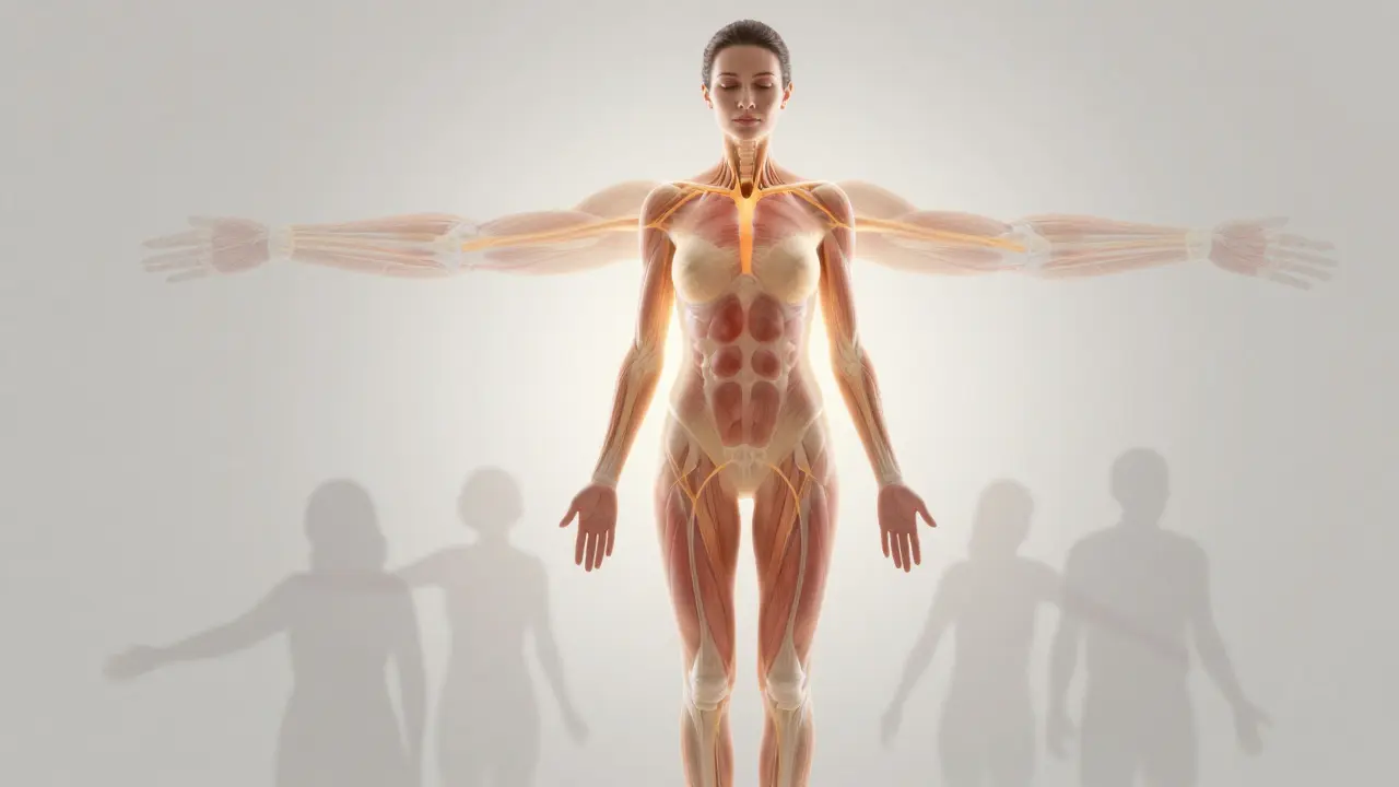 Žena stojí se zářícím tělem, symbolizující zotavení a sebevědomí po porodu.