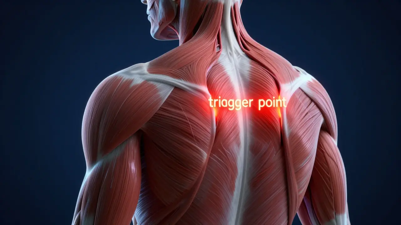 Anatomická ilustrace zad s vyznačeným bolestivým trigger pointem.