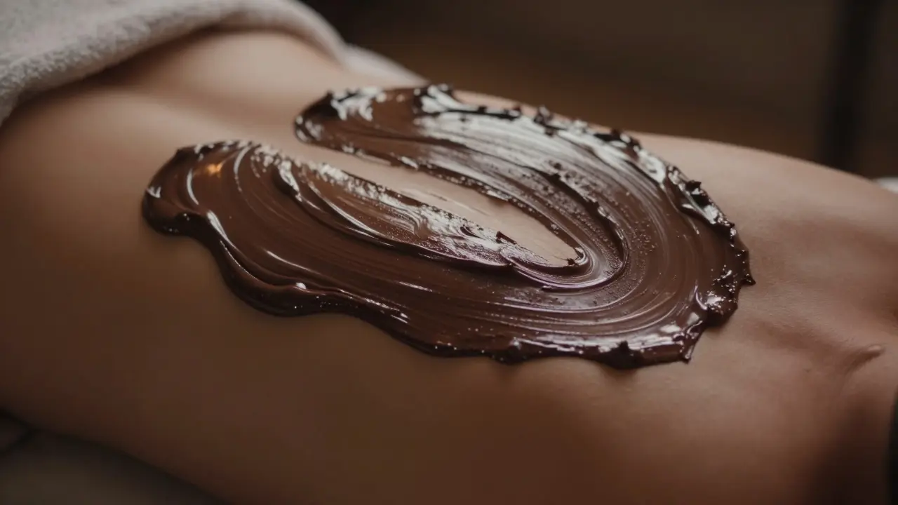 Detail nanášení hladkého kakaového gelu na záda během relaxační masáže.