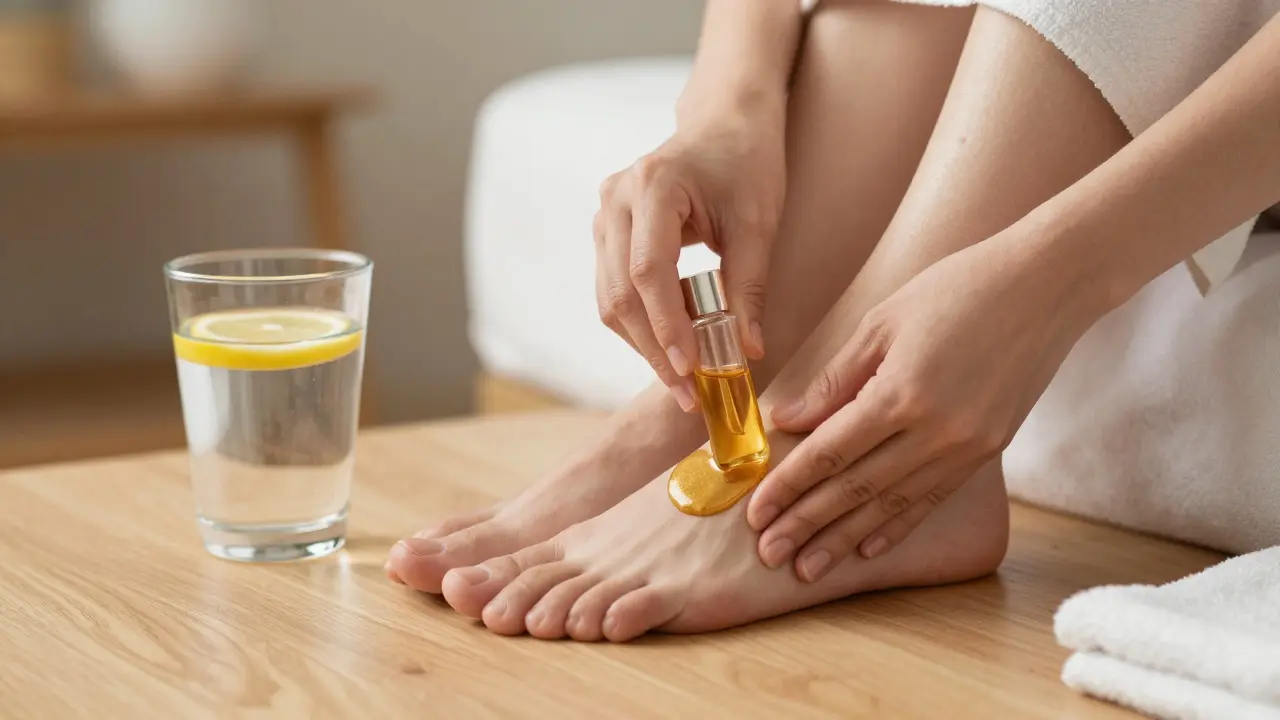 Detail ruky ženy aplikující masážní olej na chodidla pro domácí sebepéči.