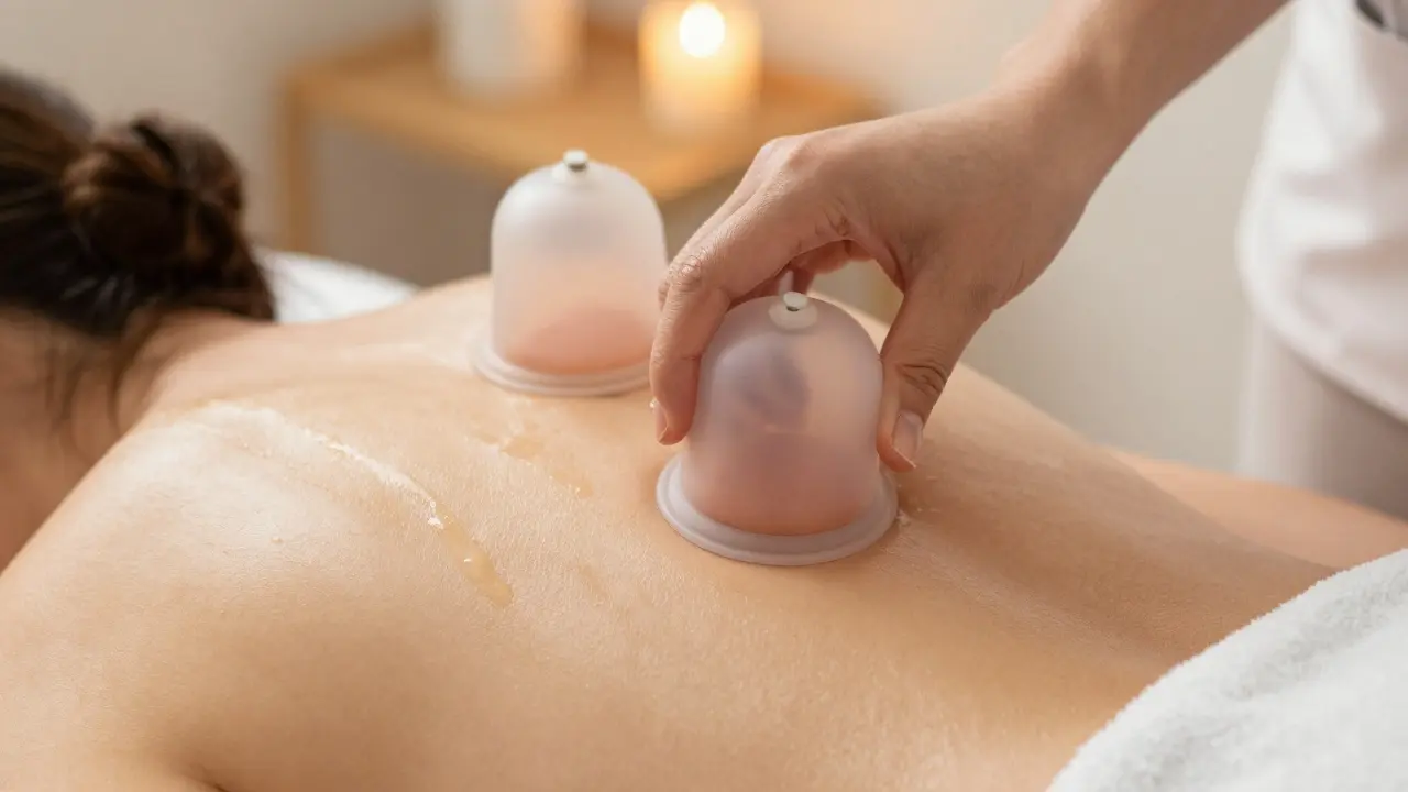 Detailní záběr na masážní baňkování v oblasti ramen a zad s použitím oleje.