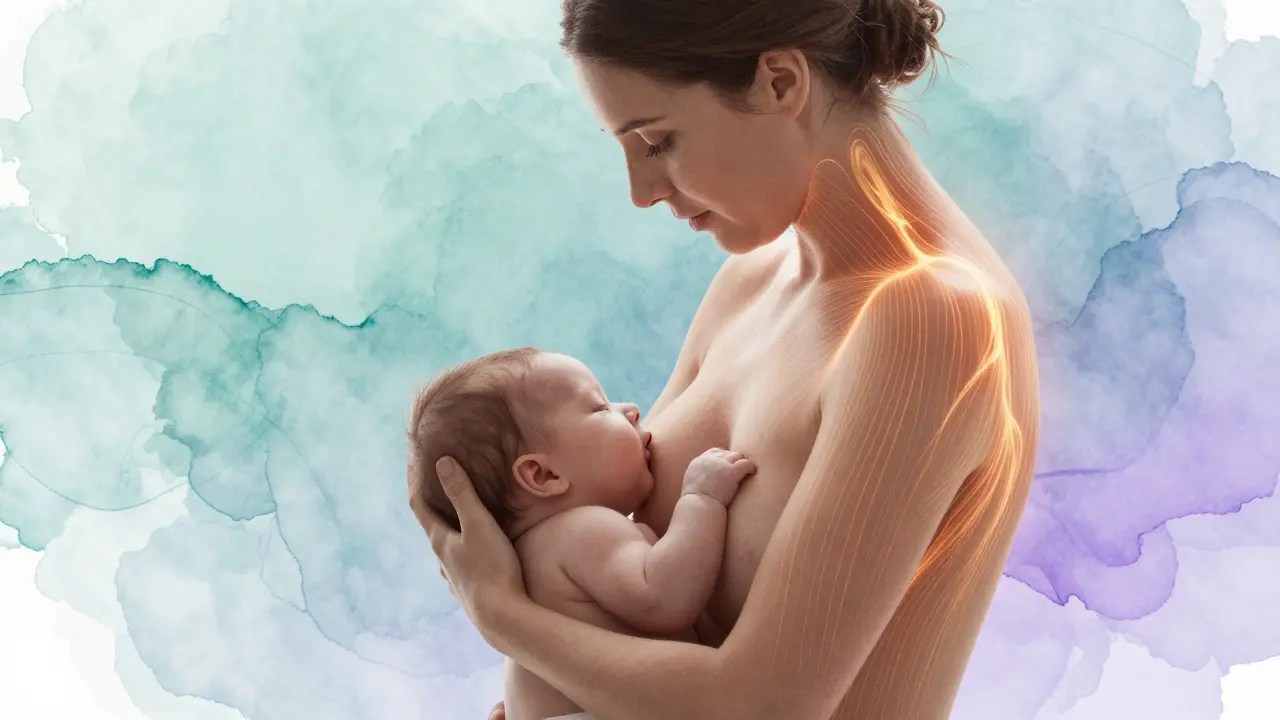 Ilustrace napětí v zádech a krku maminky při kojení a jeho uvolnění.