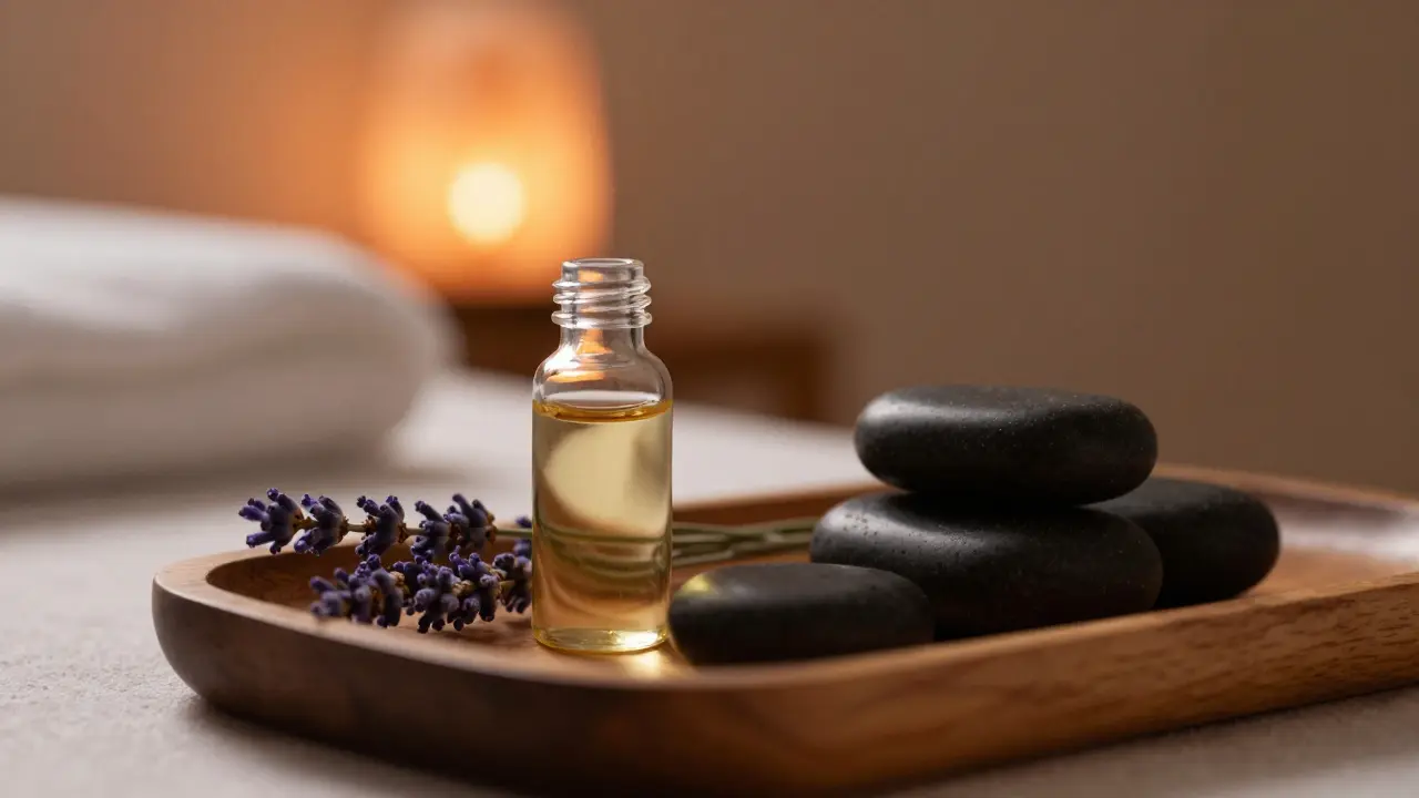 Klidné detailní záběry na esenciální oleje a horké kameny v masážním studiu.