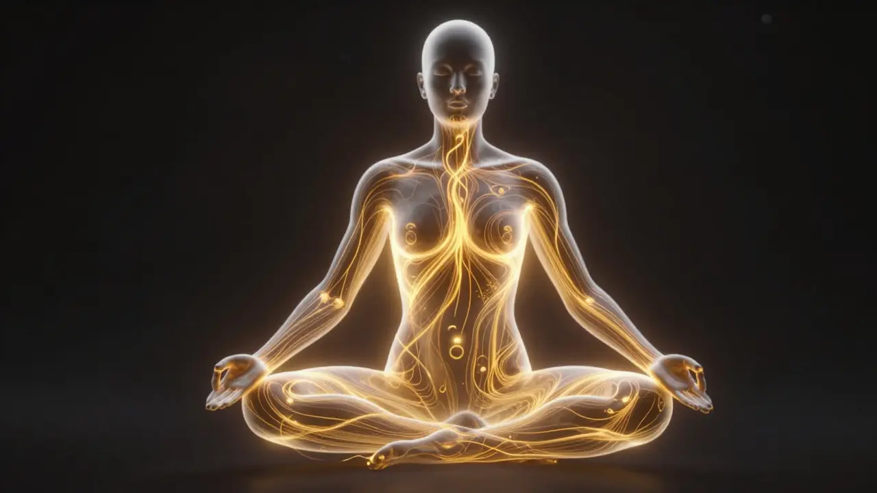 Konceptuální zobrazení zlatých energetických linií Sen proudících lidským tělem.