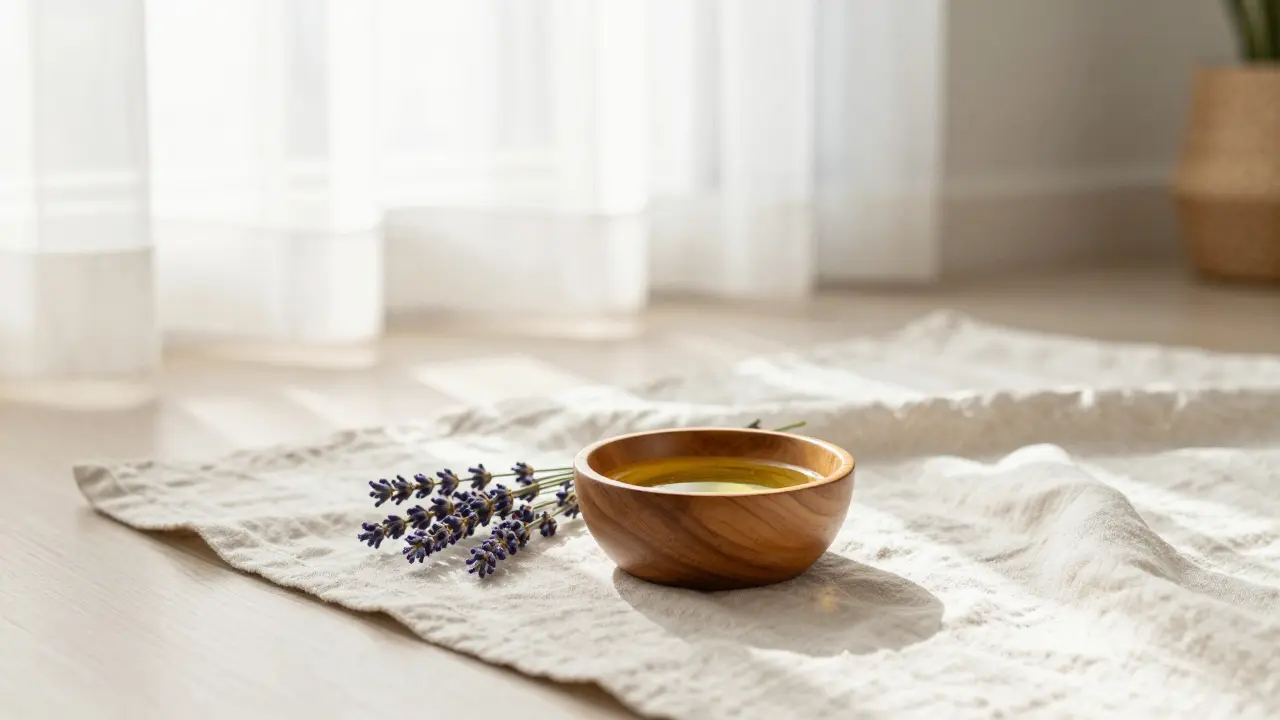 Kvalitní kokosový olej v dřevěné misce v minimalistickém a světlém wellness prostoru.