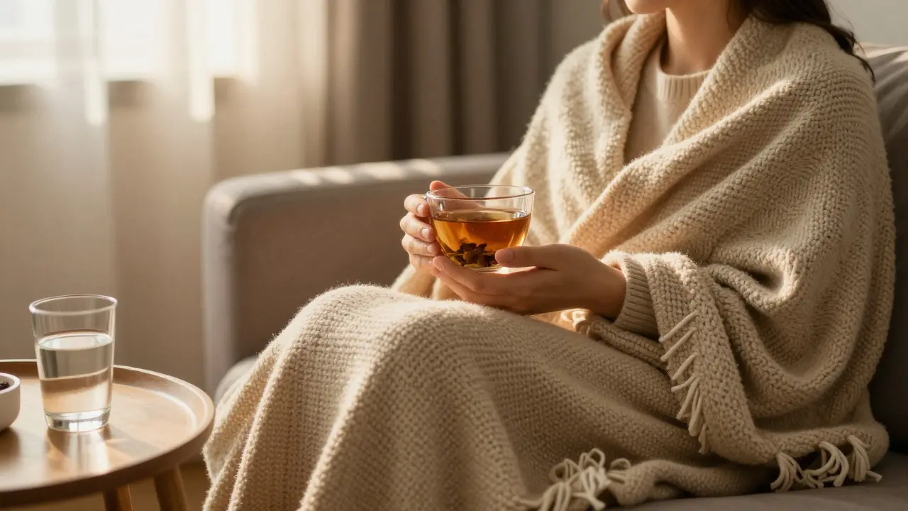 Osoba odpočívající v hlohu a s teplým čajem po zdravotní masáži.