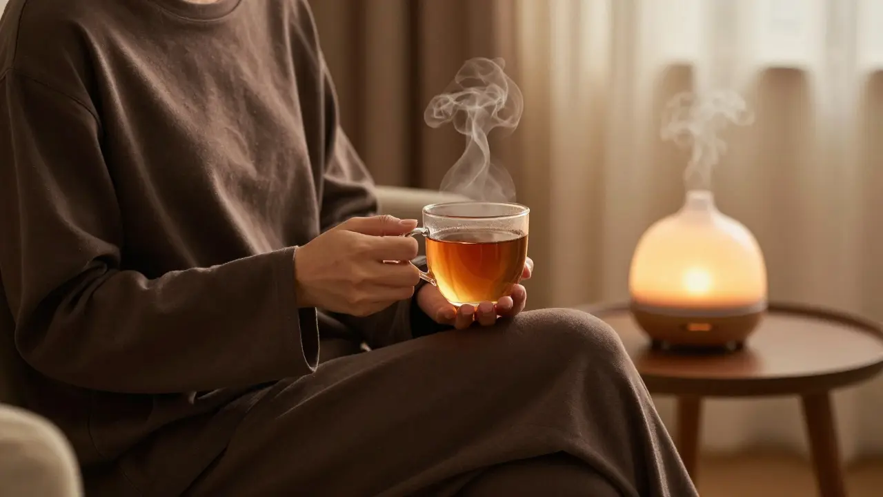 Osoba v pohodlném tmavém oblečení s šálkem bylinkového čaje v uklidňujícím prostředí.