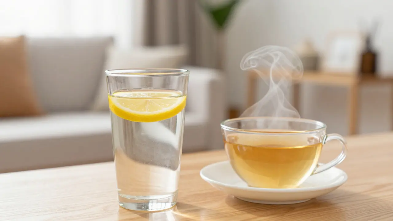 Sklenice vody a bylinkový čaj v jasně osvětleném interiéru po relaxační masáži.