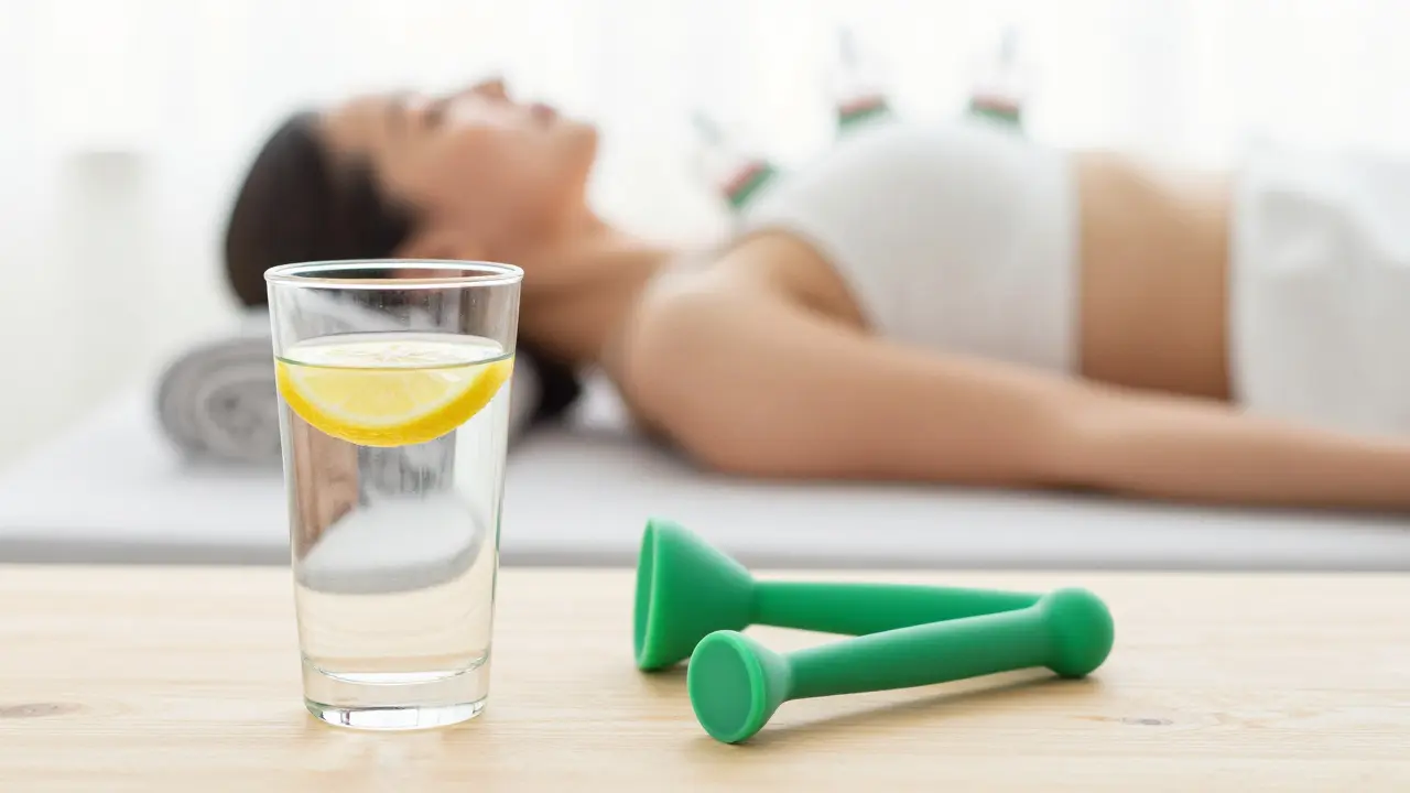 Stůl s vodou a silikonovými baňkami, v pozadí osoba při jemném protahování.