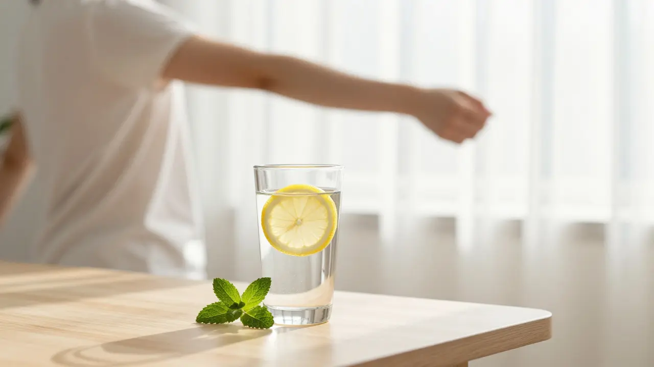 Svěží sklenice vody v ranním světle symbolizující detoxikaci a pocit lehkosti po regeneraci.