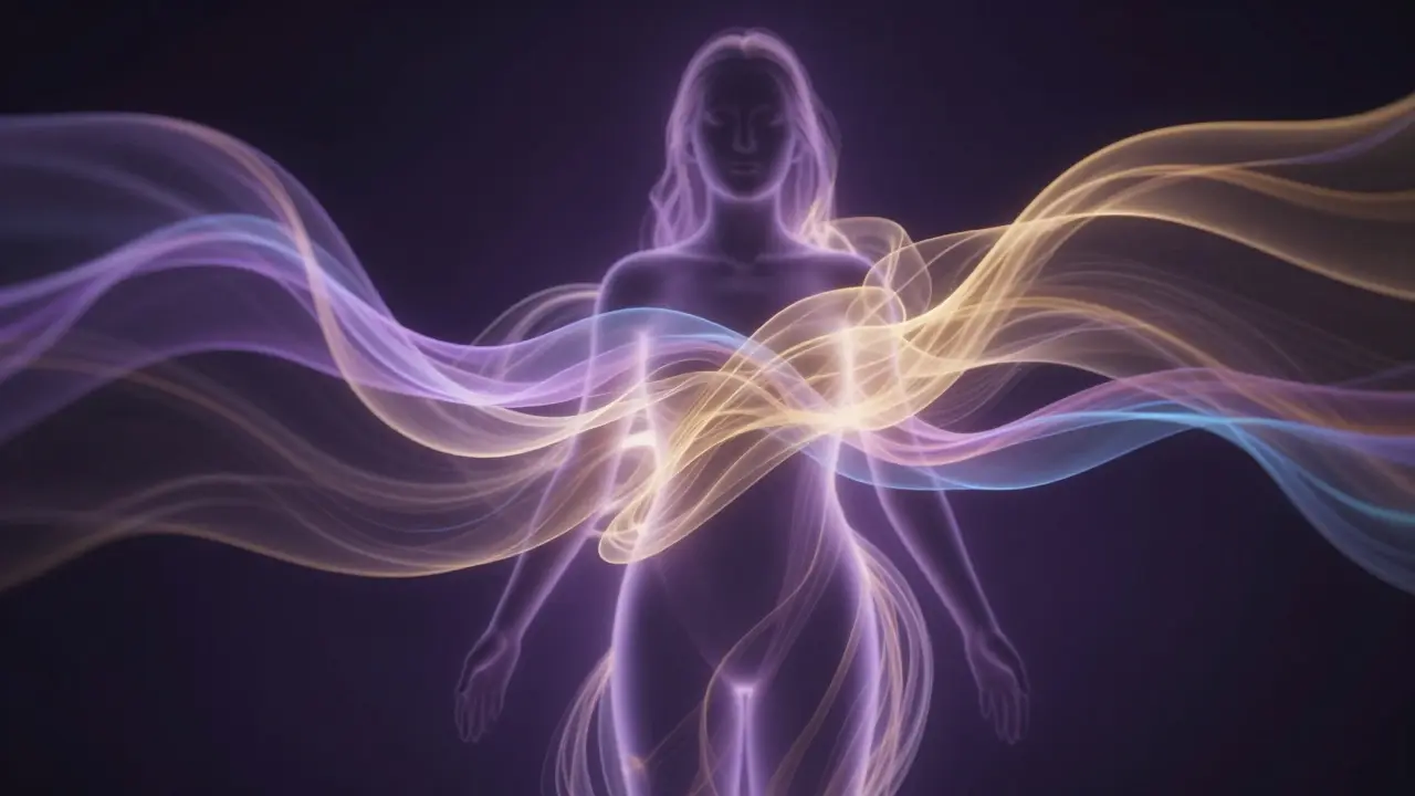 Sylueta člověka obklopená proudícími světelnými pásmy symbolizujícími energetickou rovnováhu.