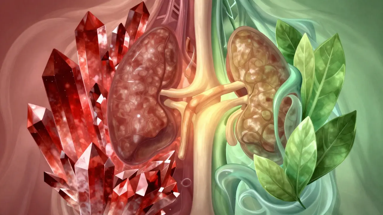 Umělecký přechod od stresových červených krystalů k uklidňující zelené přírodě a žlutému světlu.