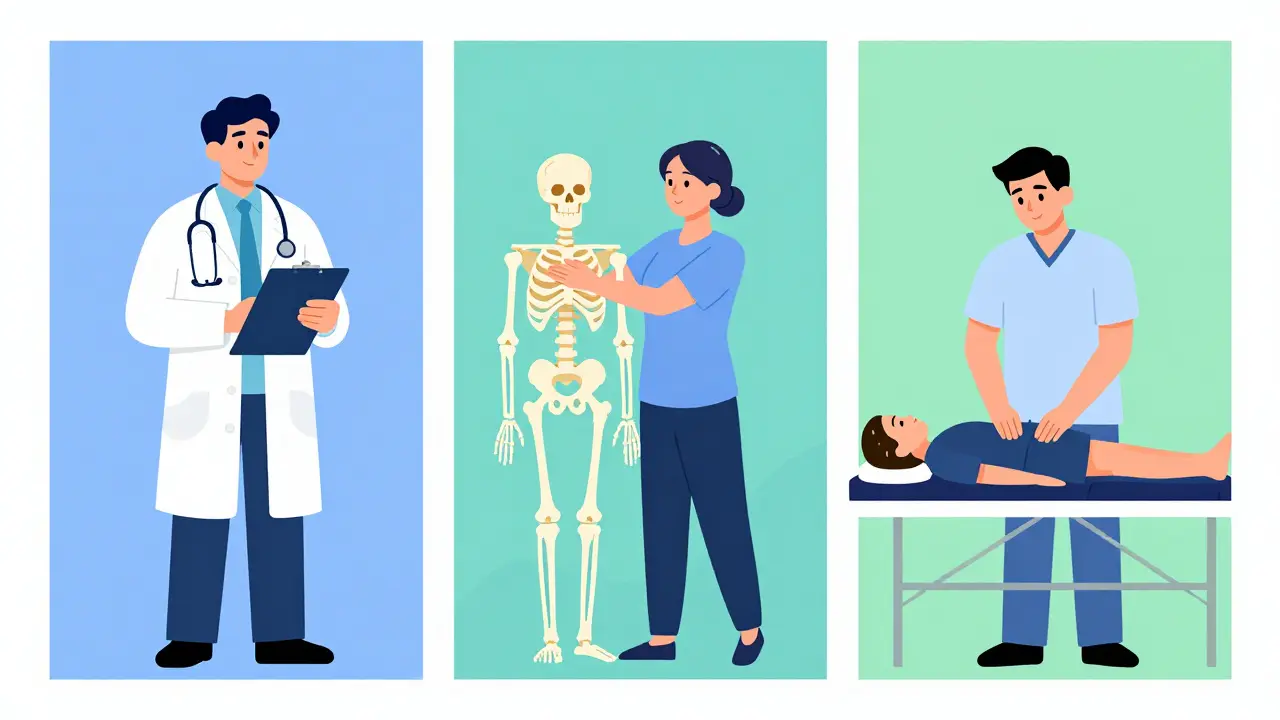 Ilustrace rozdílů mezi lékařem, fyzioterapeutem a masérem