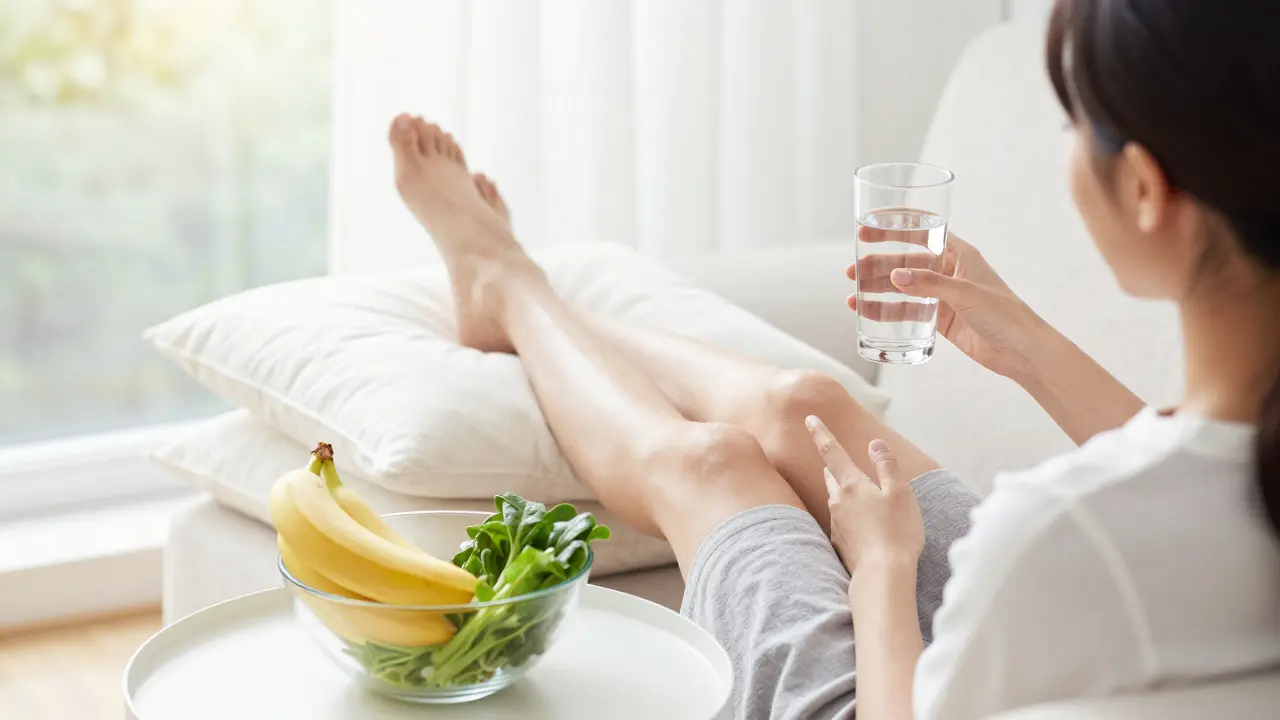 Žena s nohama vzhůru a zdravou stravou proti otokům