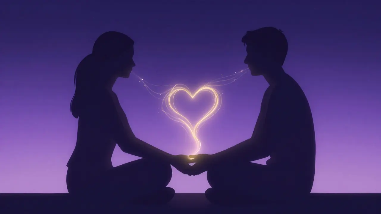 Abstraktní ilustrace dvou postav spojených zlatým světlem symbolizujícím emocionální vazbu.