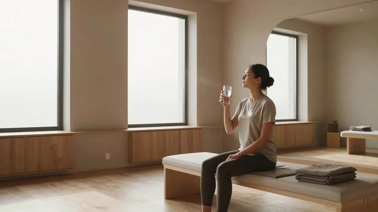 Uvolněný klient pije vodu po masáži v klidném wellness studiu