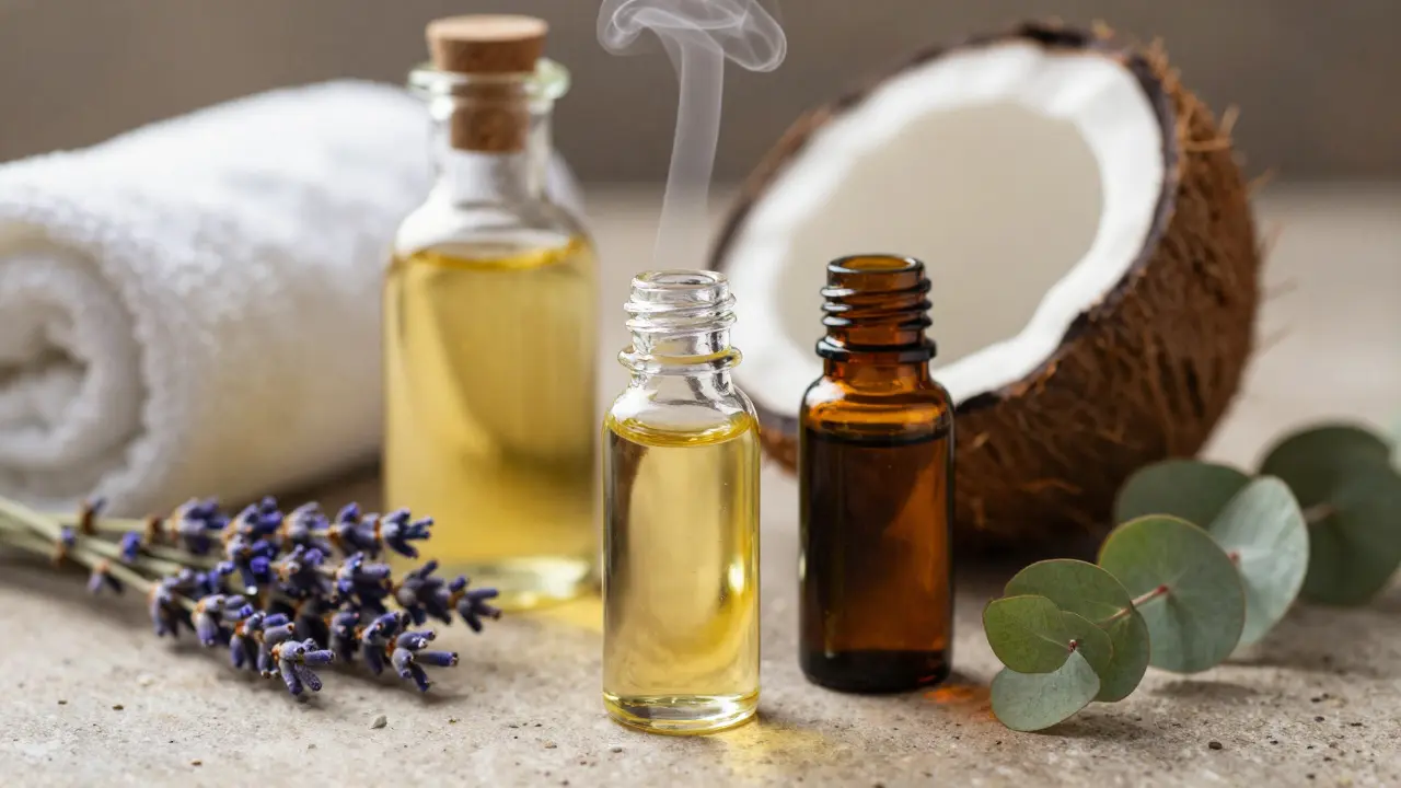 Bottles of coconut and essential oils with steam, symbolizing aromatherapy