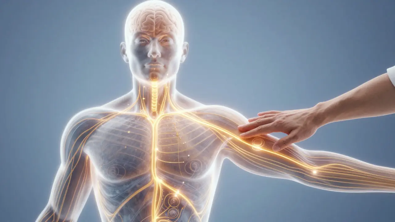 Konceptuální vizualizace toku energie Qi po meridianech těla