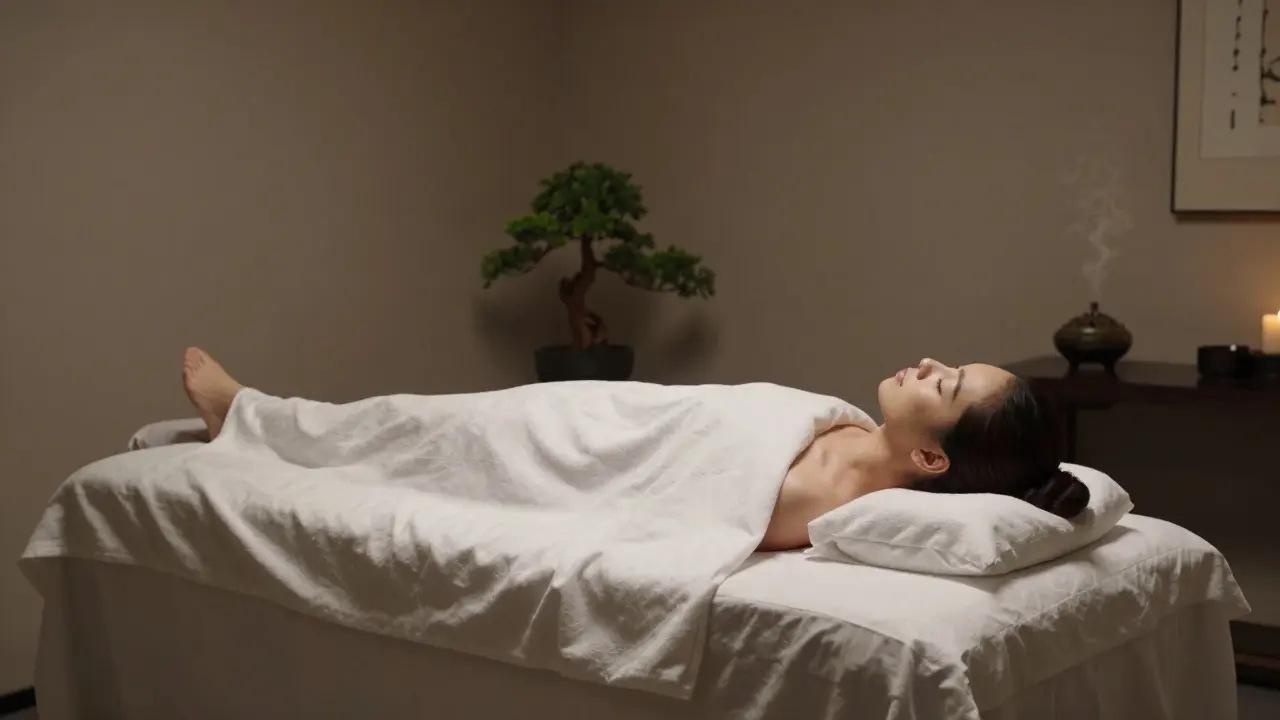 Relaxující osoba na masážním stole v klidné atmosféře