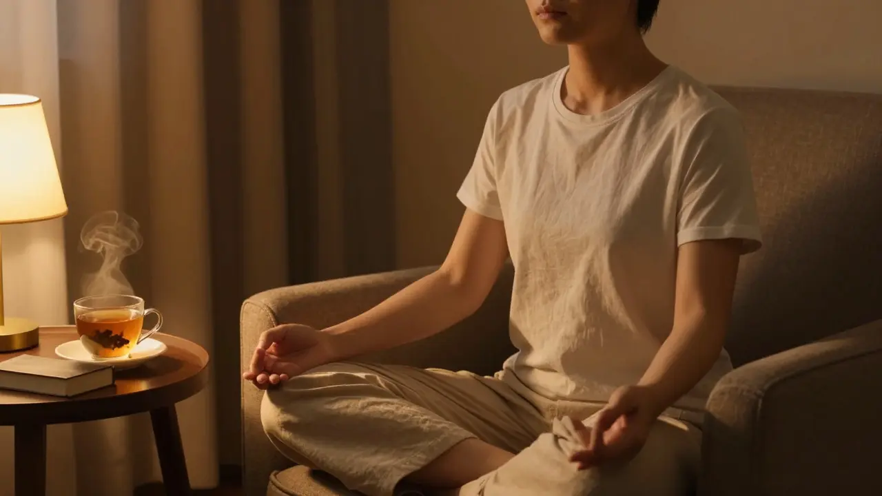 Člověk v klidné pozici meditace v teplém světle místnosti s hrnkem čaje