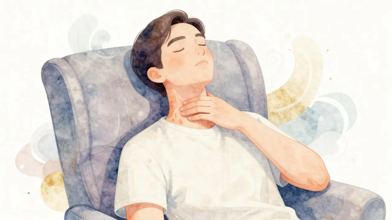 Ilustrace osoby provádějící samomasáž krku v pohodlném křesle