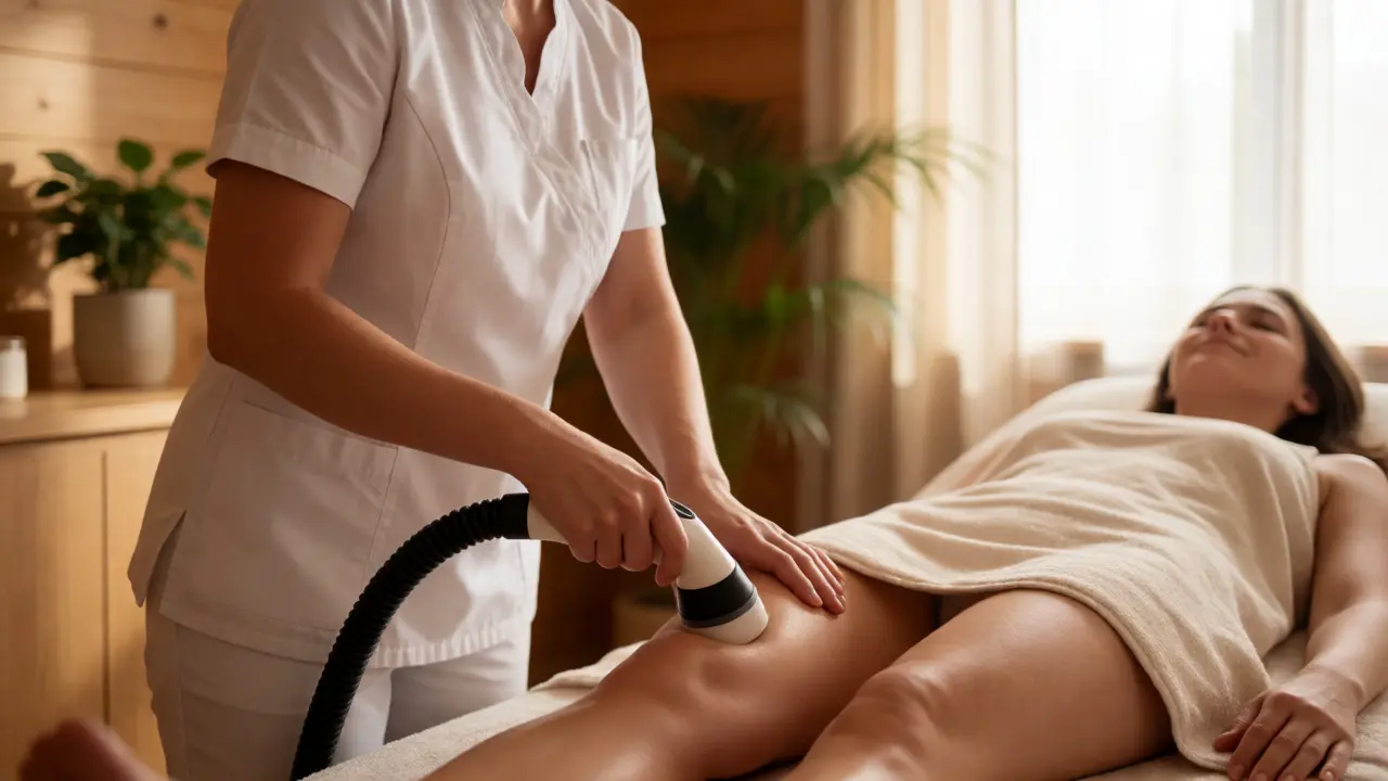 Terapeut provádějící rotační vakuovou masáž nohy ve wellness centru
