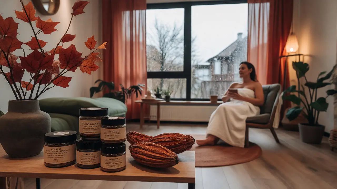 Relaxace po masáži v podzimním wellness studiu s výhledem na déšť