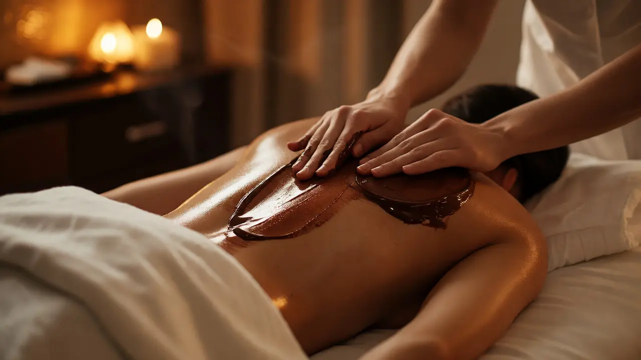 Terapeut nanáší teplou čokoládovou masku na záda klienta ve spa