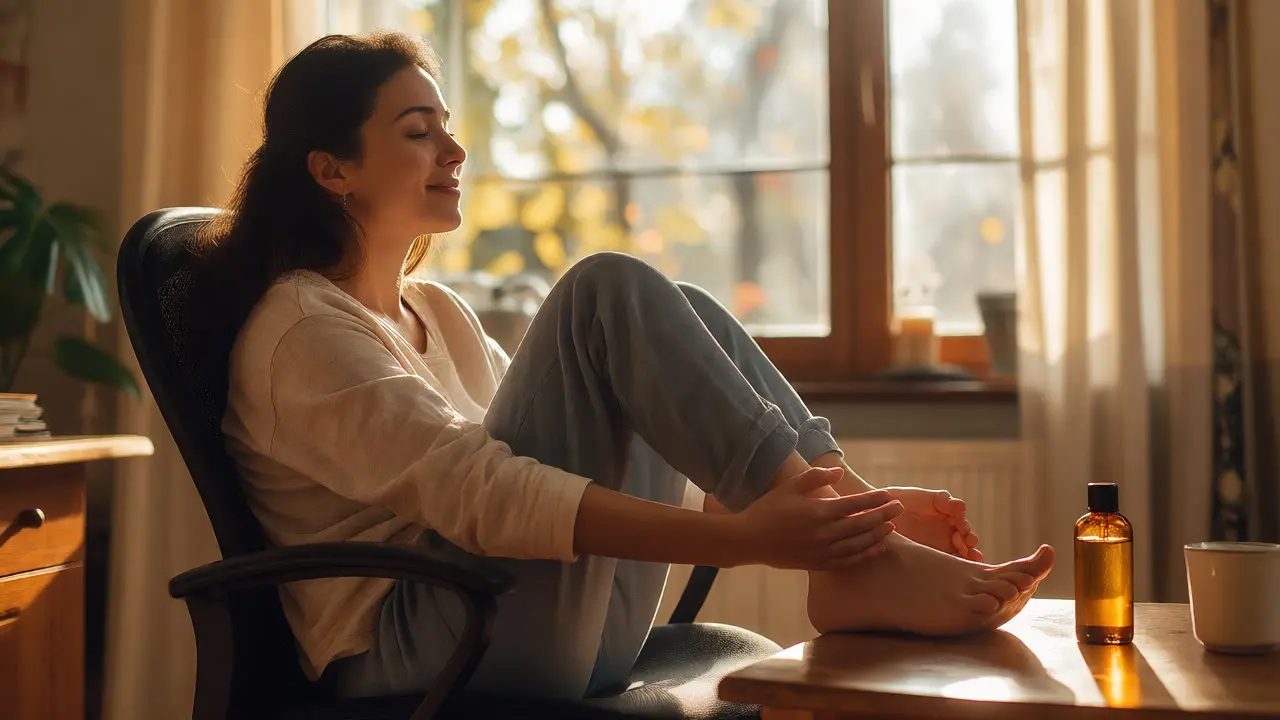 Žena provádí relaxační masáž vlastního chodidla doma