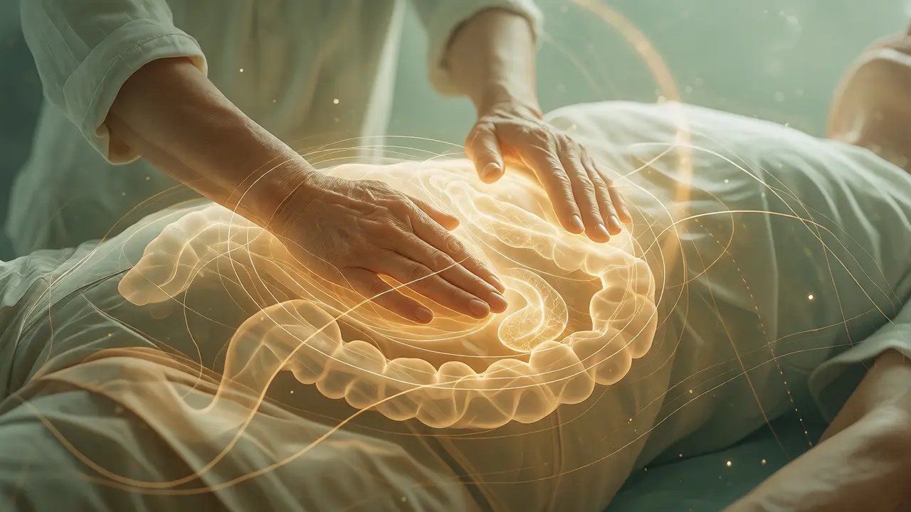 Ilustrace energetických drah na břiše při masáži podporující trávení.