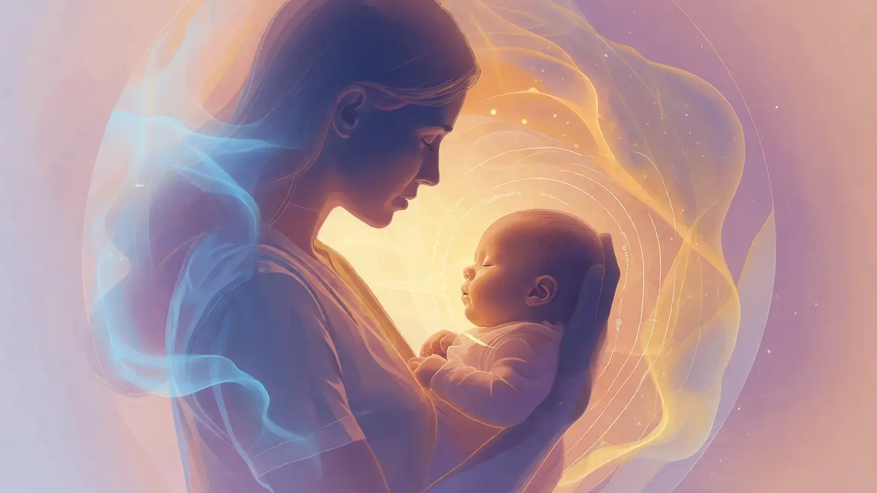 Umělecká ilustrace matky držící spící miminko s aureolou klidu