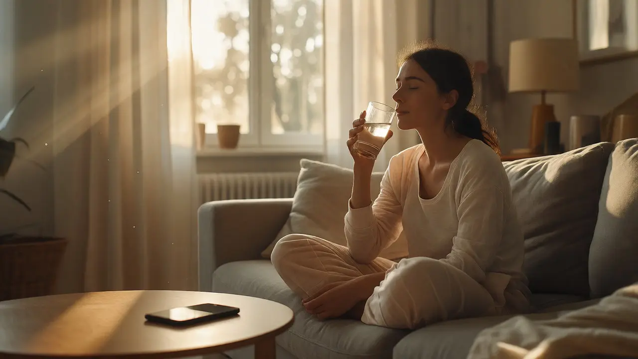 Žena pijící vodu po masáži s vypnutým telefonem vedle sebe, vyjadřující klid a hydrataci.